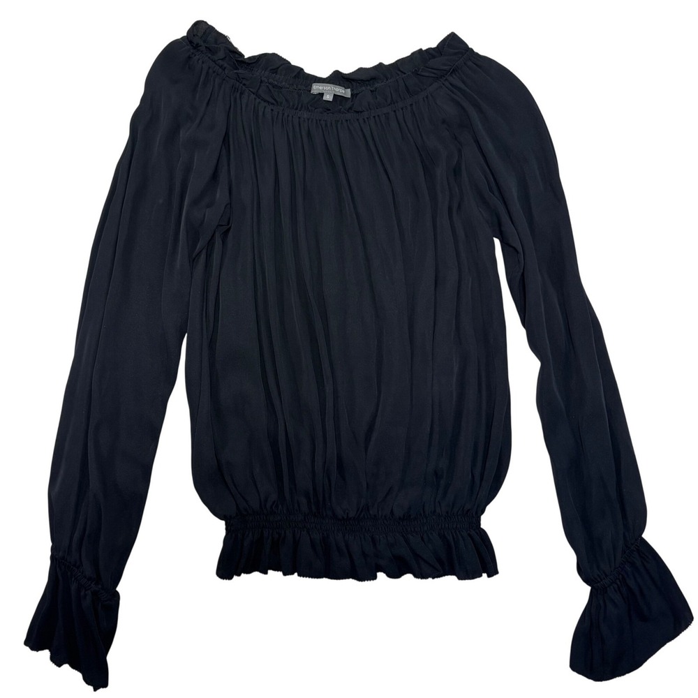 Emerson Thorpe Black Silk Off Shoulder Ruffle Smocked Long Sleeve Top Size Small